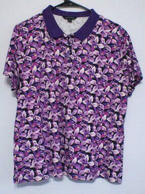 Lands’ End Purple Floral Polo Shirt Women’s XL Pima Cotton Short Sleeve Top